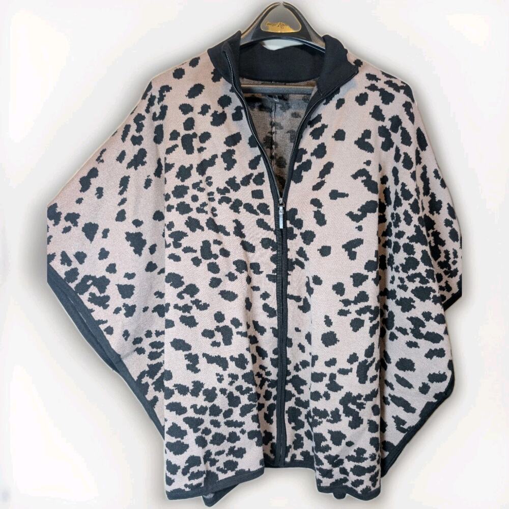 Nicole Miller Leopard Print Zip Up Batwing Dolman Poncho Cape L/XL Sweater